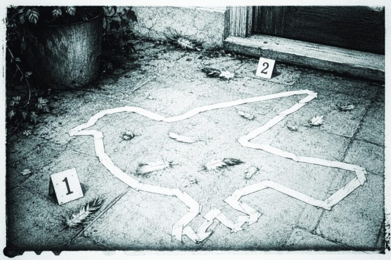 Scena del crimine e cartellini dei reperti davanti la porta di casa