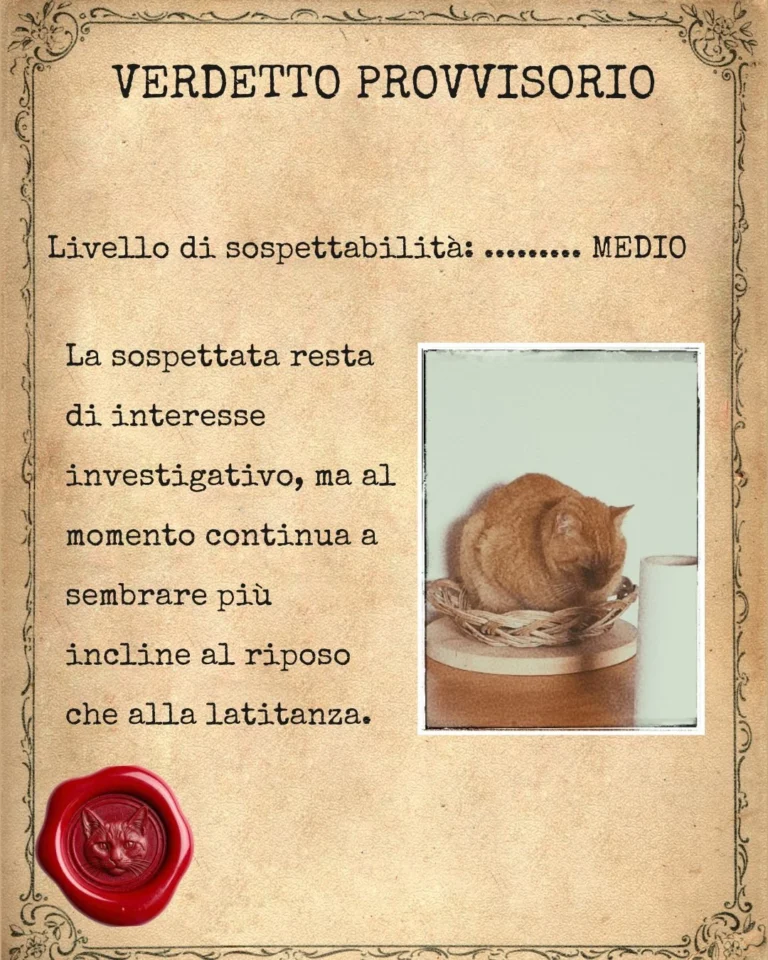 Verdetto provvisorio della Procura Rurale con livello di sospettabilità medio e fotografia di Rosso addormentata in un cesto.
